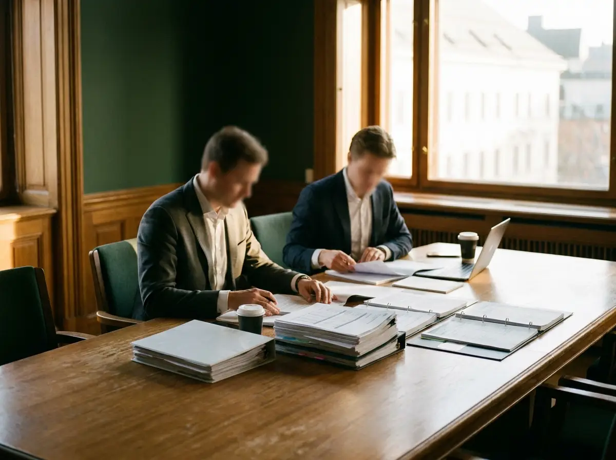 VMC Group consultants reviewing claim documents at a conference table