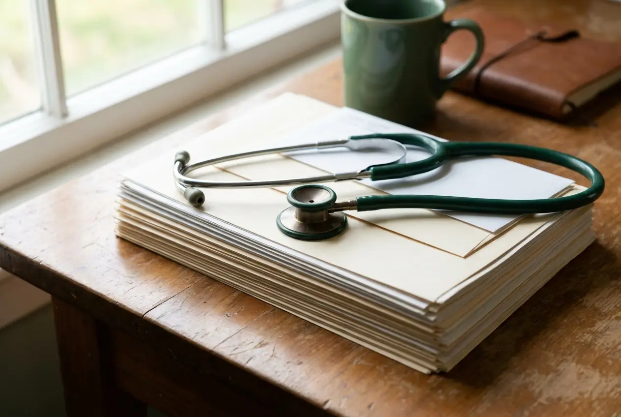 Stethoscope resting on medical billing paperwork