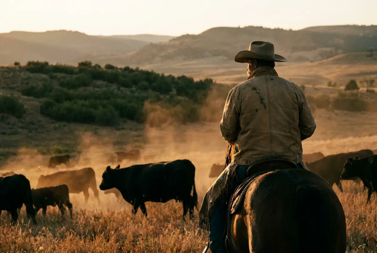 Rancher on horseback overseeing cattle at golden hour
