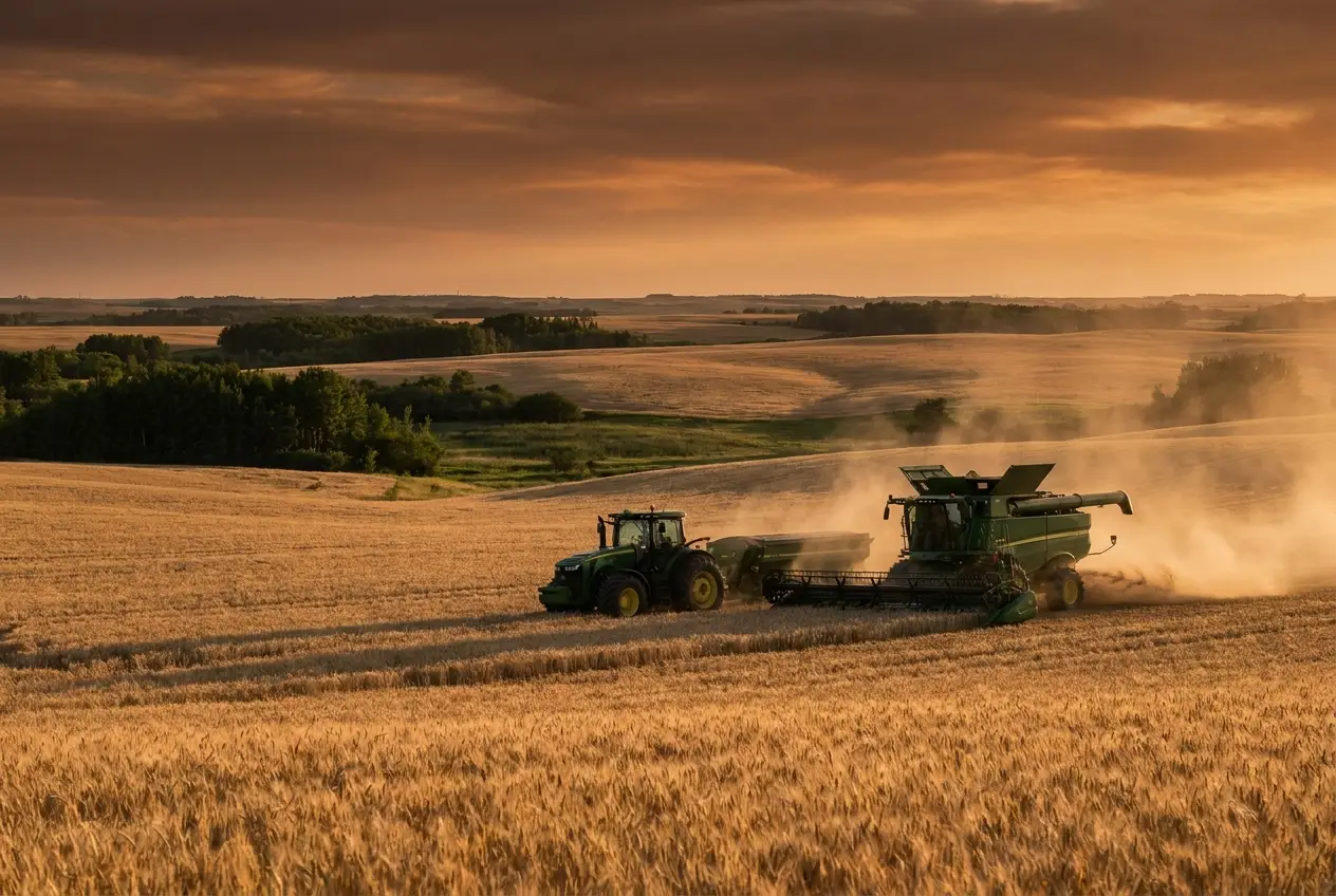 Green tractor and combine working a wheat field at dusk