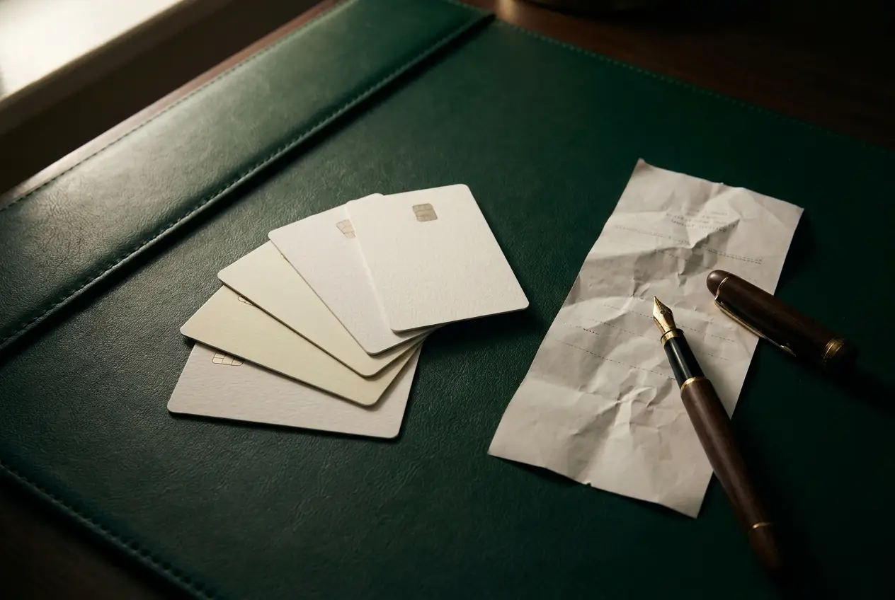Credit cards fanned on a desk beside a merchant receipt