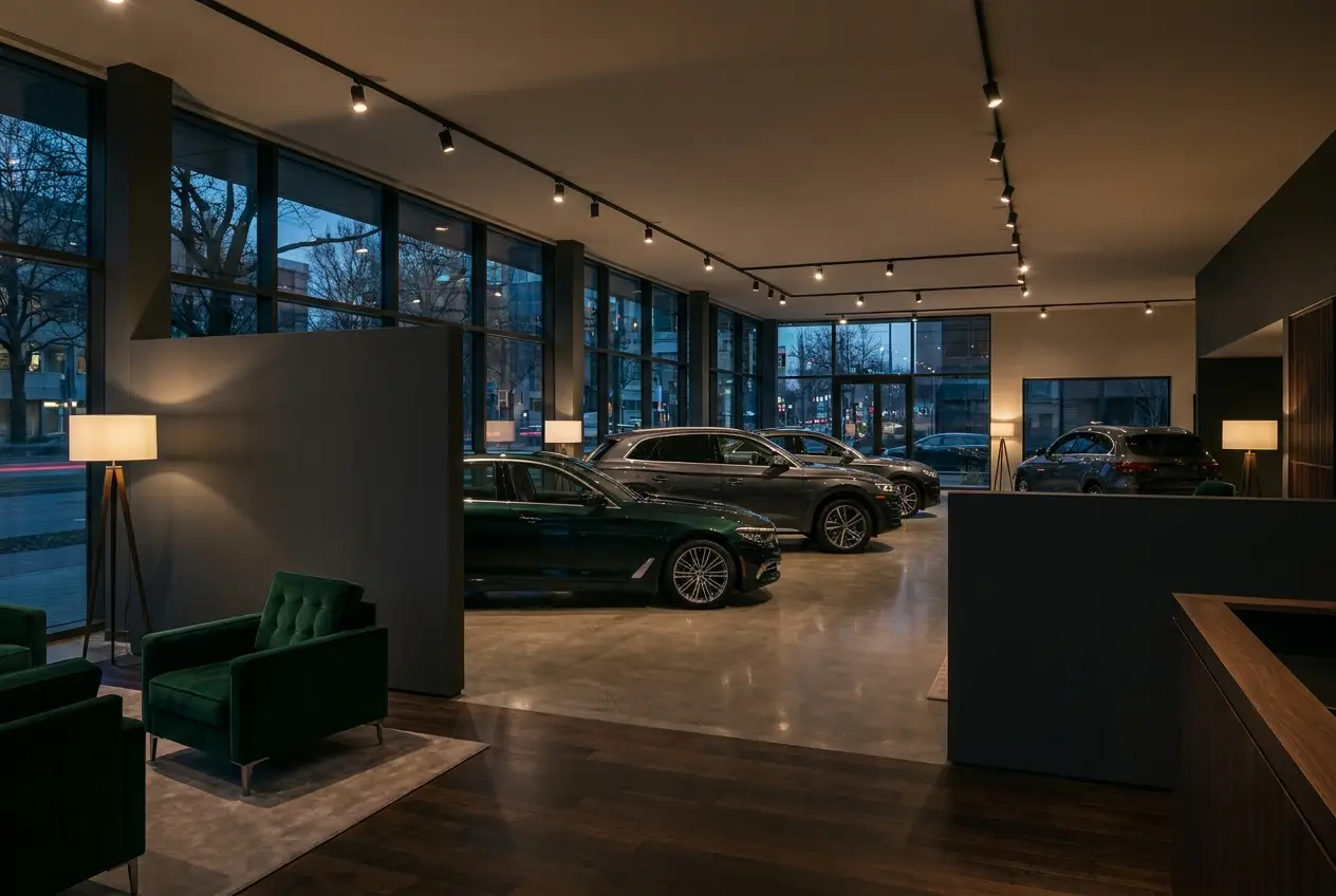 Car dealership showroom at dusk
