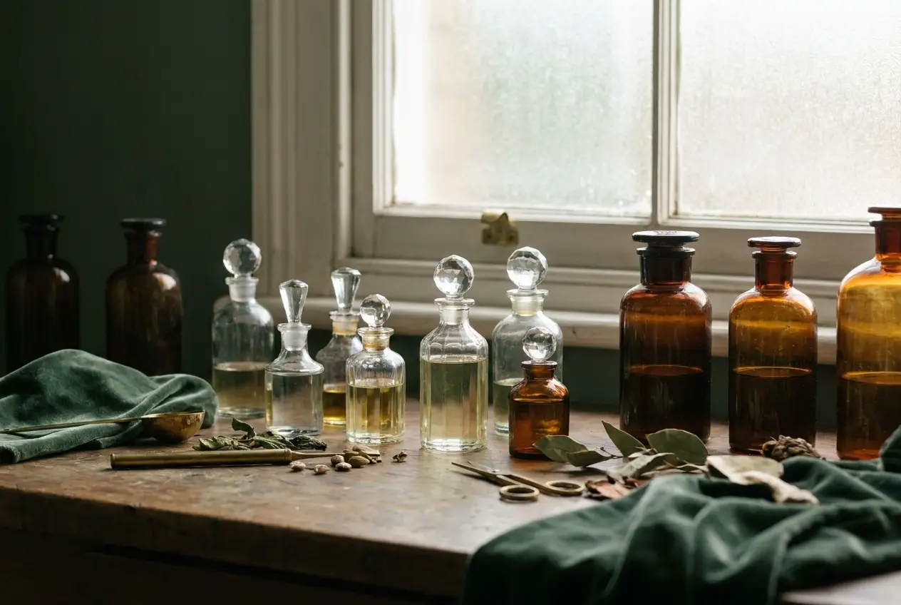 Glass perfume vials and amber bottles on a laboratory bench