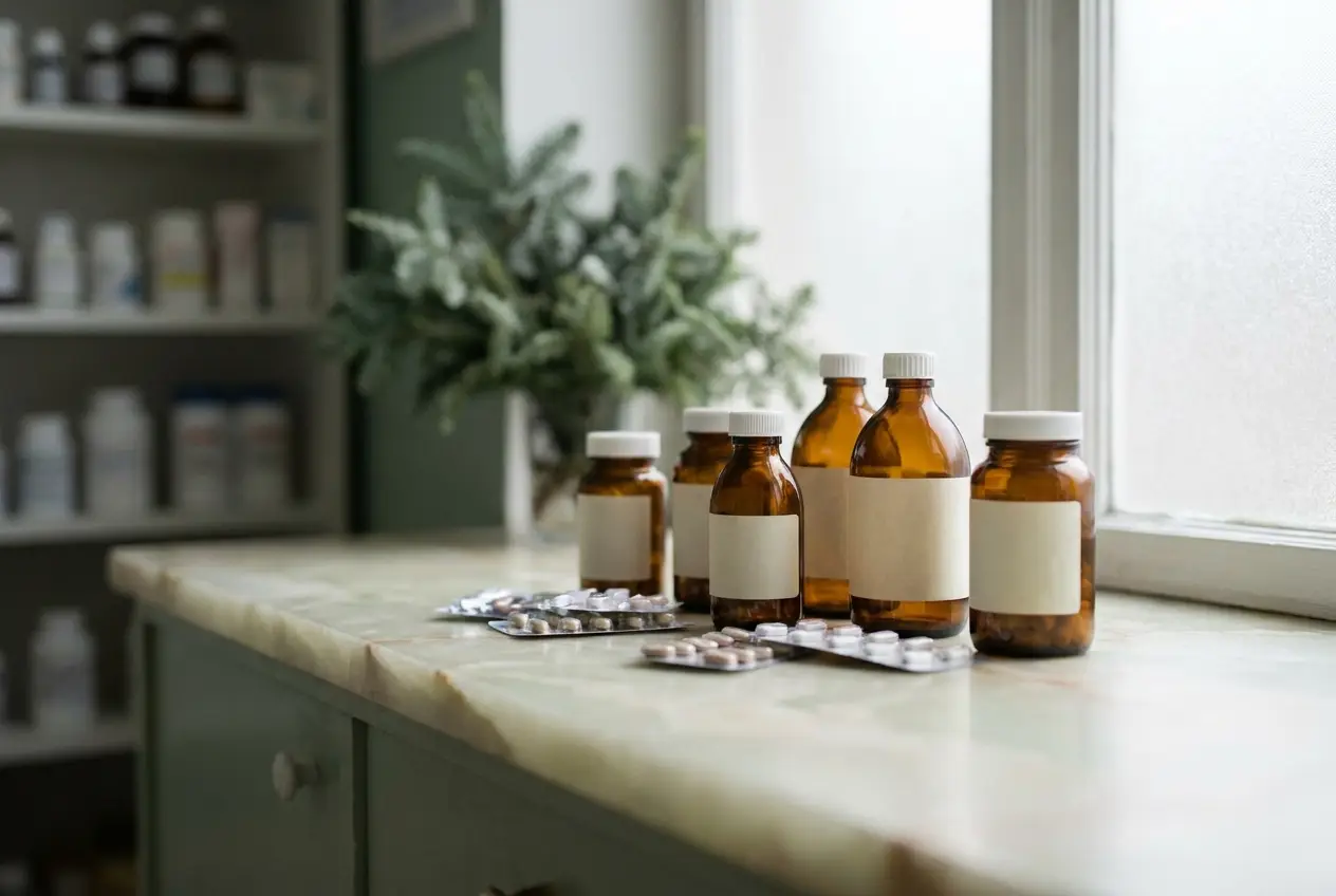 Amber prescription bottles and blister packs on a pharmacy counter