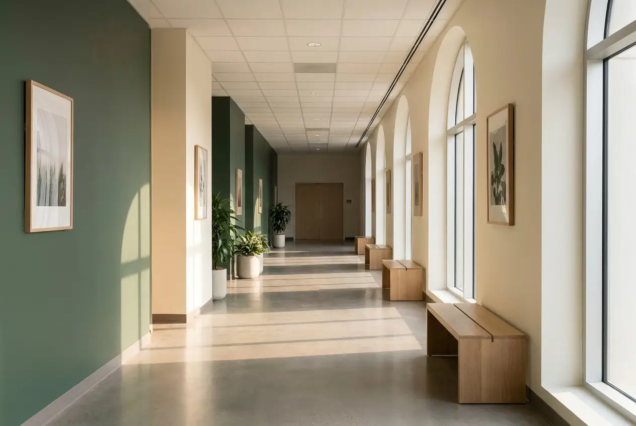 Calm hospital corridor in soft morning light