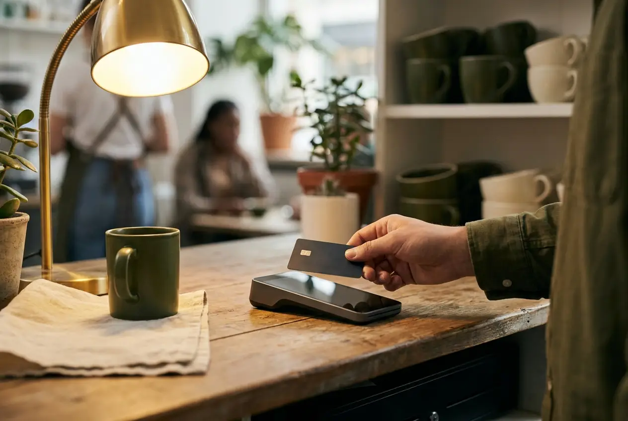 Customer tapping a credit card on a payment terminal