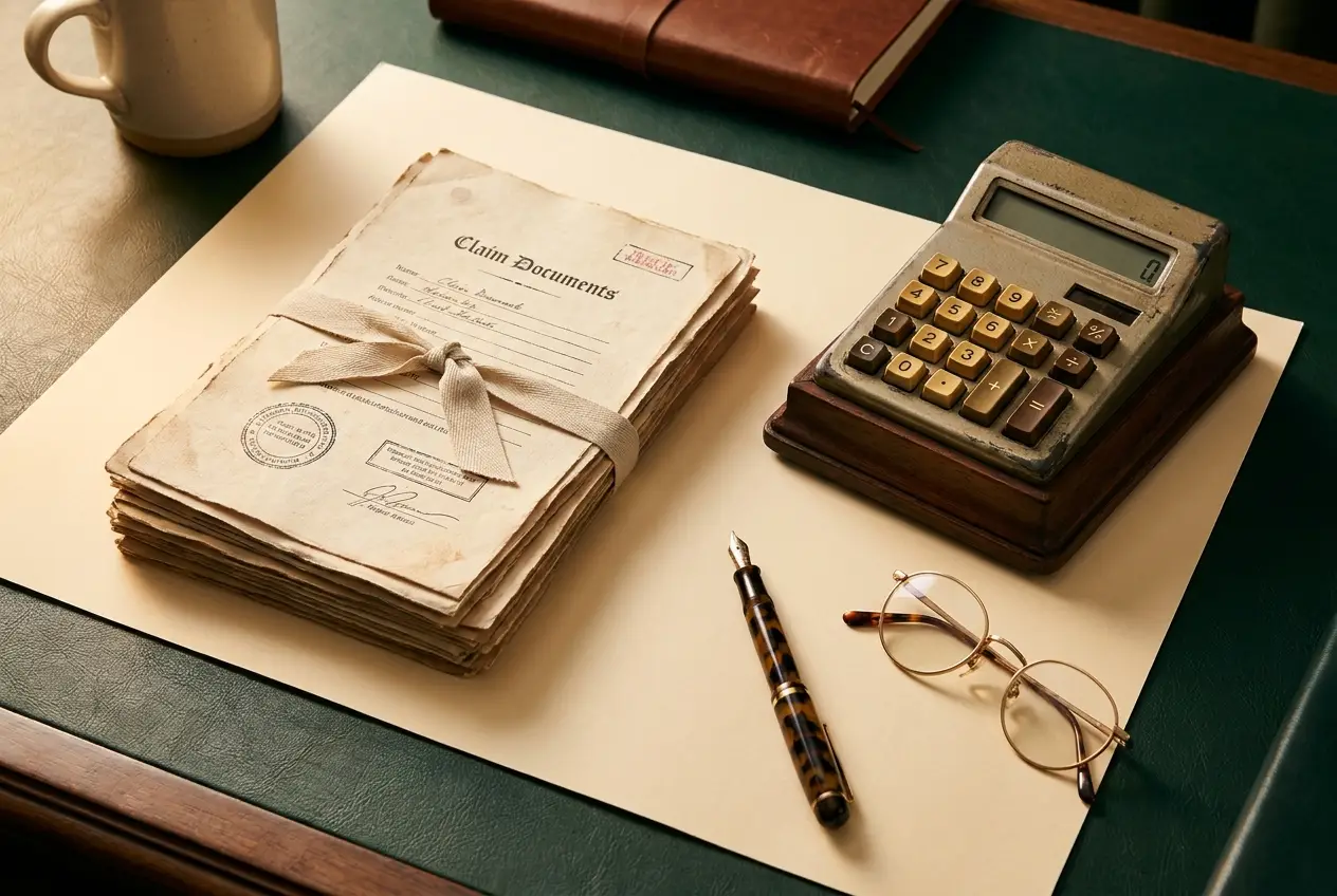 Claim documents, calculator, and pen organized on a desk
