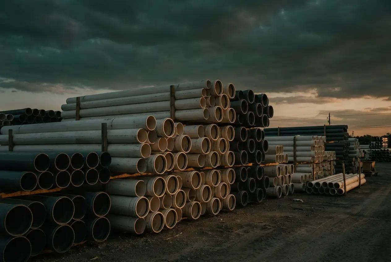 Stacked PVC pipes at an industrial yard at dusk